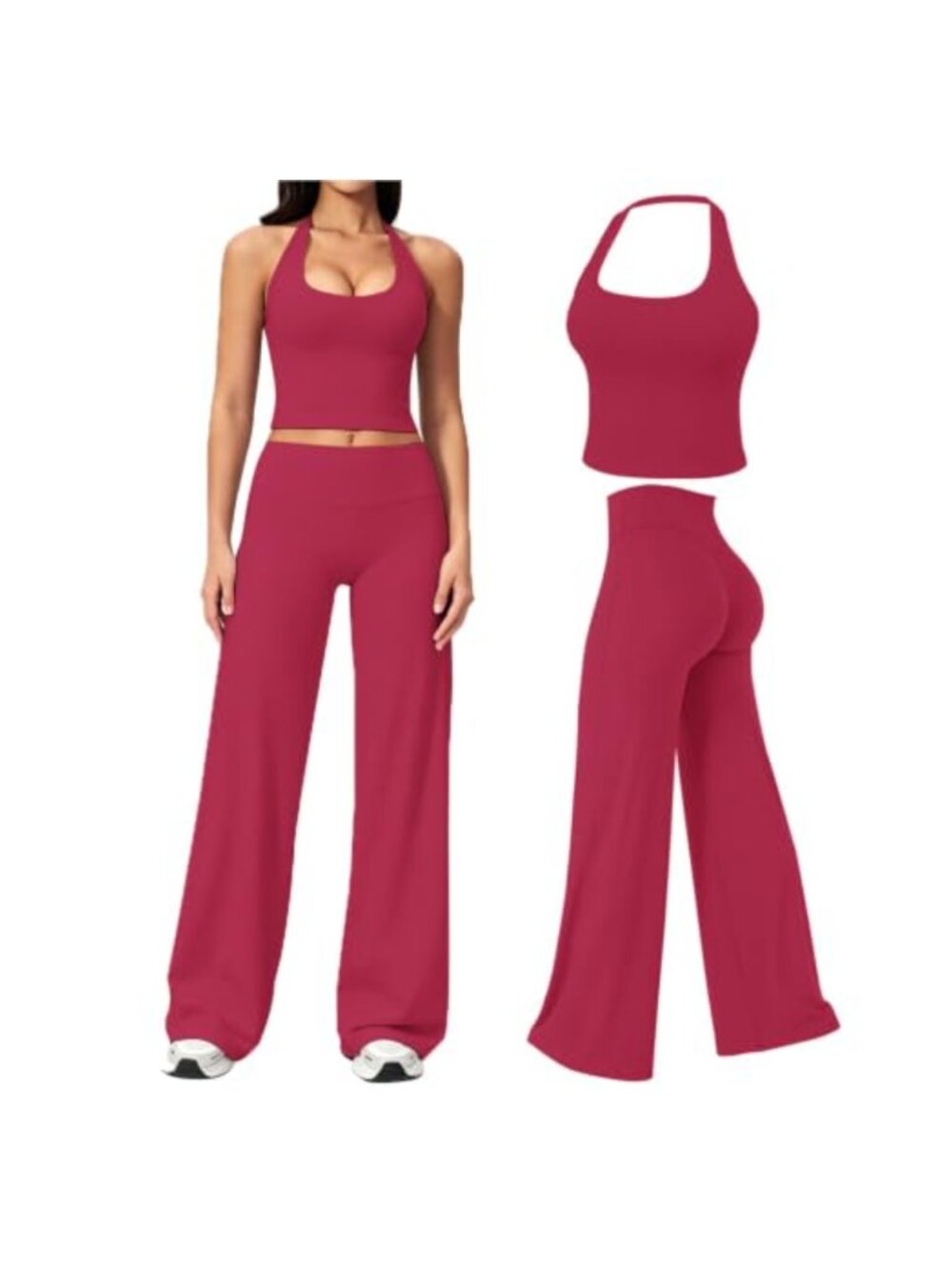 Womens 2 Piece Workout Sets Halter Crop Tank Straight Leg Bottoms Pilates